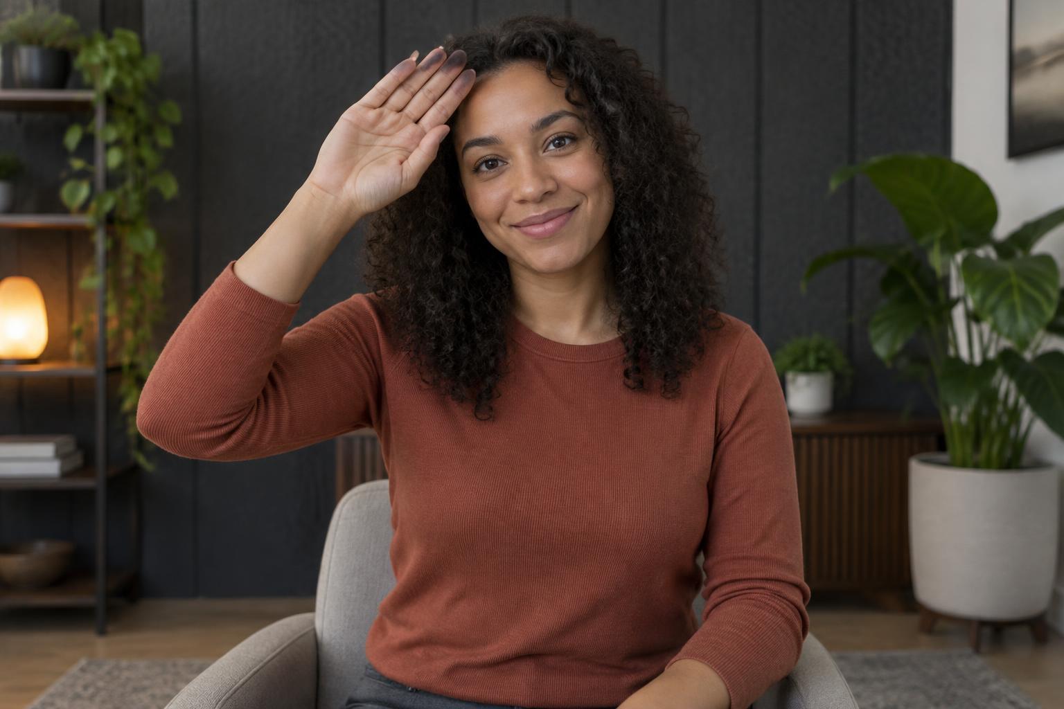A woman raising her hand to sign hello